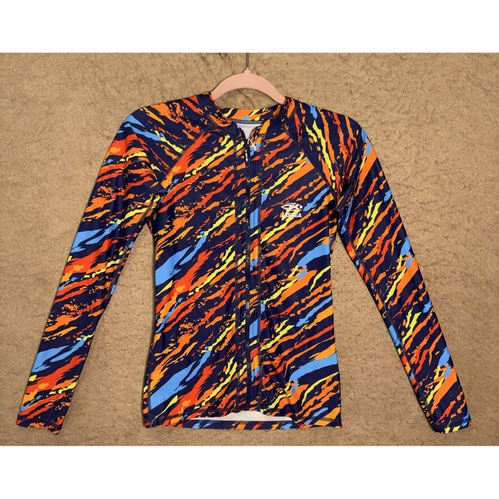 Axesea Rash Guard Swim Shirt Womens Sz 4 Blue Orange Full Zip Stretch UPF 50+